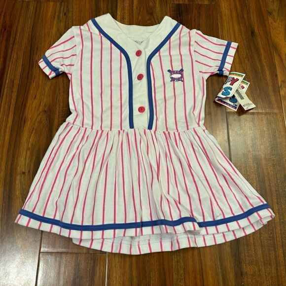 Happy Kids Vintage Team Sports baseball white pink stripe short sleeve dress - Picture 1 of 4